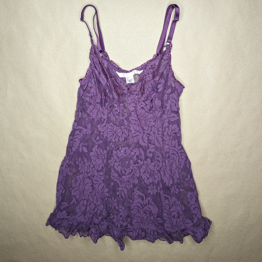 Royal Dark Plum Purple Sheer Chemise Lace Detail Sexy Sheer Lingerie (XS) VS